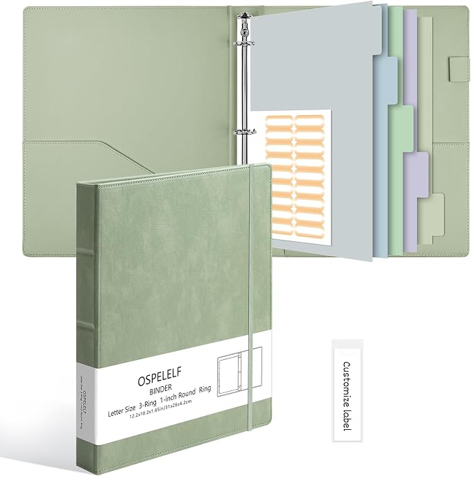 Ospelelf Vintage Hardcover 3 Ring 1 inch Leather Binder, Professional Binder Organizer Suitable for Letter Size, Binder Dividers with Tabs, Light Green
