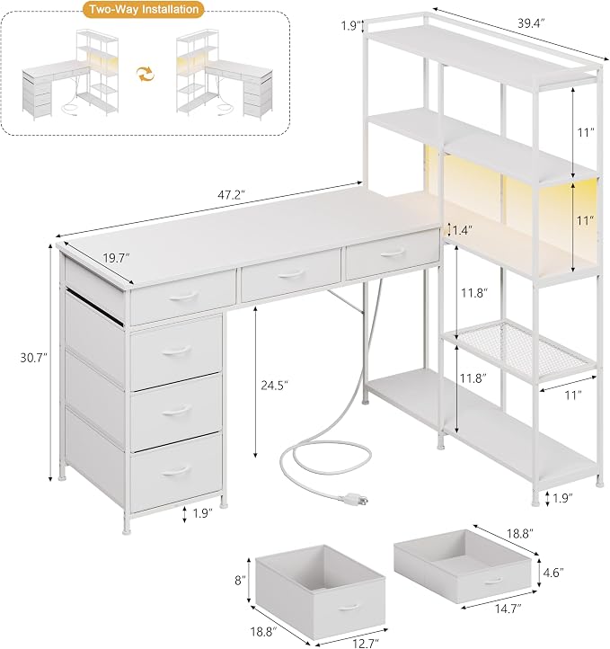 L Shaped Gaming Desk with Power Outlet & RGB Lights, Corner Computer Desk with 6 Drawers 5-Tier Shelves, PC Workstation with USB/Type-c Charging for Home Office, White