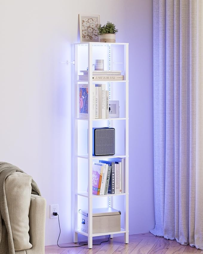 Open Book Shelf with LED Lights, 6 Tier Tall Bookshelf, Narrow Bookcase with Open Shelves, 14.57" x 10.63" x 65.83", Book Shelves for Living Room, Office, Study, White