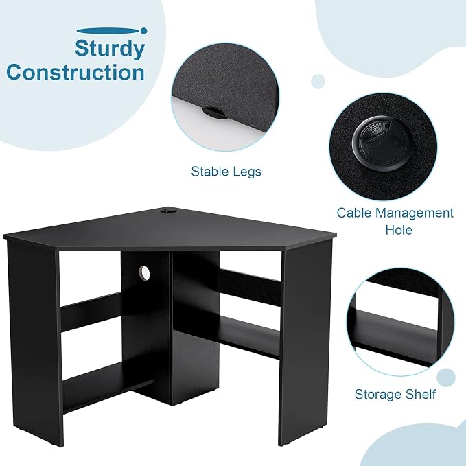 Tangkula Corner Desk, 90 Degrees Triangle Computer Desk for Small Space, Bedroom Corner Makeup Vanity Desk with Storage Shelves & CPU Stand