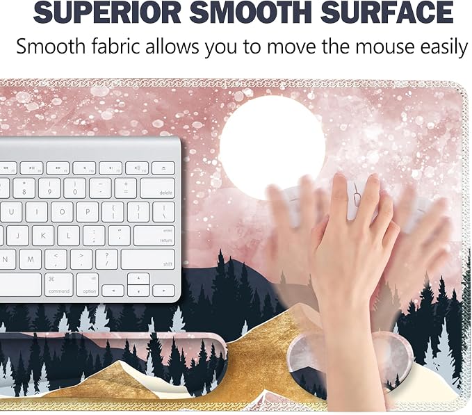 Extended Gaming Mouse Pad Set, Keyboard Wrist Rest Support Pad + Wrist Cushion + XXL Large Mouse Pad + Coaster, Stitched Edge, Non-Slip, Memory Foam Desk Mat, Pink Abstract Mountain