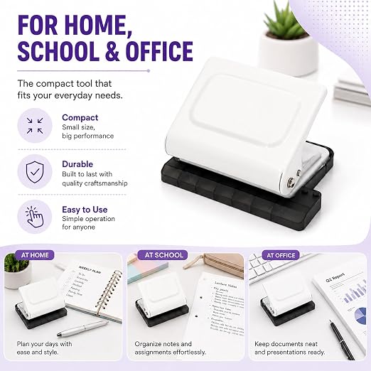 10 Hole Punch Binding Machine Kit for Planner (White) with 10 Multi-Color Spiral Coils, Adjustable A4 A5 B5 Paper Puncher, DIY Notebook Scrapbook Maker for Home Office School Organization
