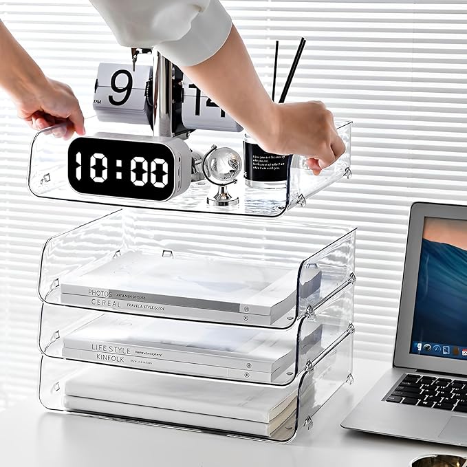 Gagee Set of 2 Office Organization and Storage, Clear PET Letter Tray Desk Organizer, Stackable Document Organizer for Notes, Pens, File Paper, Desk
