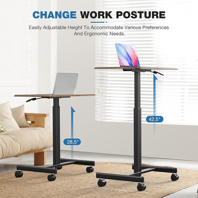 DUMOS Mobile Rolling Desk with Wheels Adjustable Height | Small Standing Desks Portable Laptop PC Table, Computer Workstation for Home Office Small Space, Modern Brown