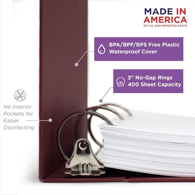 Carstens 3-Inch Heavy Duty 3-Ring Binder - Top Opening, Wine, Durable Plastic, Precision No-Gap Rings, Waterproof Cover, No Pockets, Holds 400 US Letter Sheets, BPA-Free, Made in USA (1753-3R)