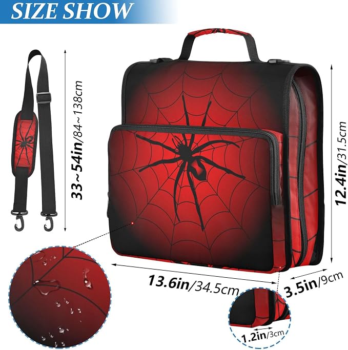 Fisyme Halloween Spider Web Zipper Binder 3 Ring with Zipper and Shoulder Strap Large Capacity Multi-Pocket Binder Organizers