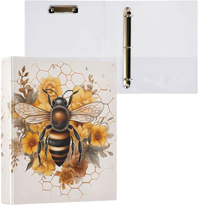 3 Ring Binder, Sunflower Honeycomb Bee File Folder Holds 200 Sheets File Storage for Women Men School Office Supplie