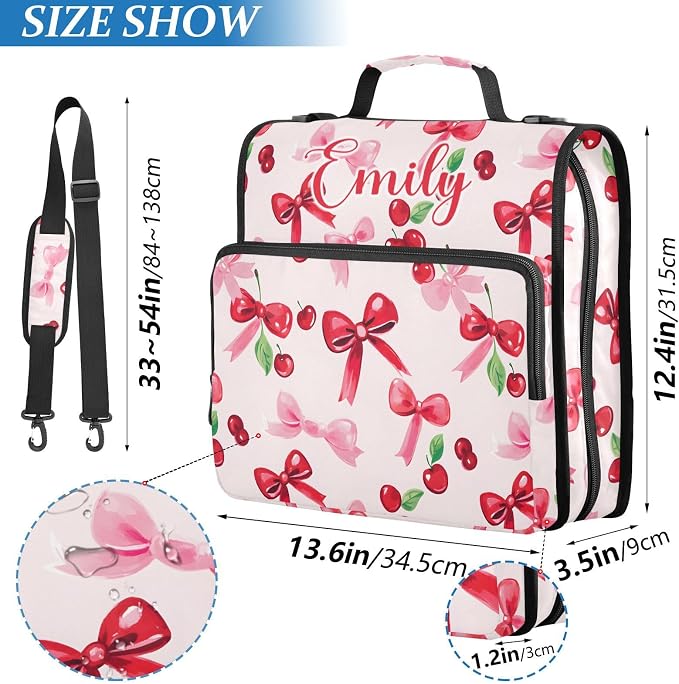 Custom Personalized Name Cherries Red Bows Zipper Binder 3 Ring