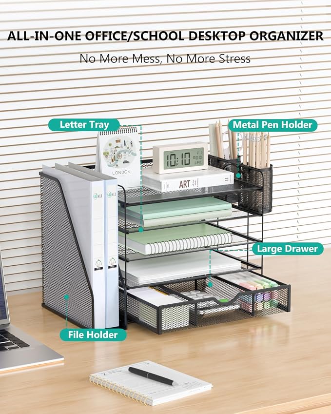 WALI Desk File Organizer, 5 Tier Desktop Paper Letter Tray Organizer with Drawer and 2 Pen Holders, Office Desk Accessories & Workspace Organizers for Office, Home Supplies(DO006DH-B), 1 Pack, Black