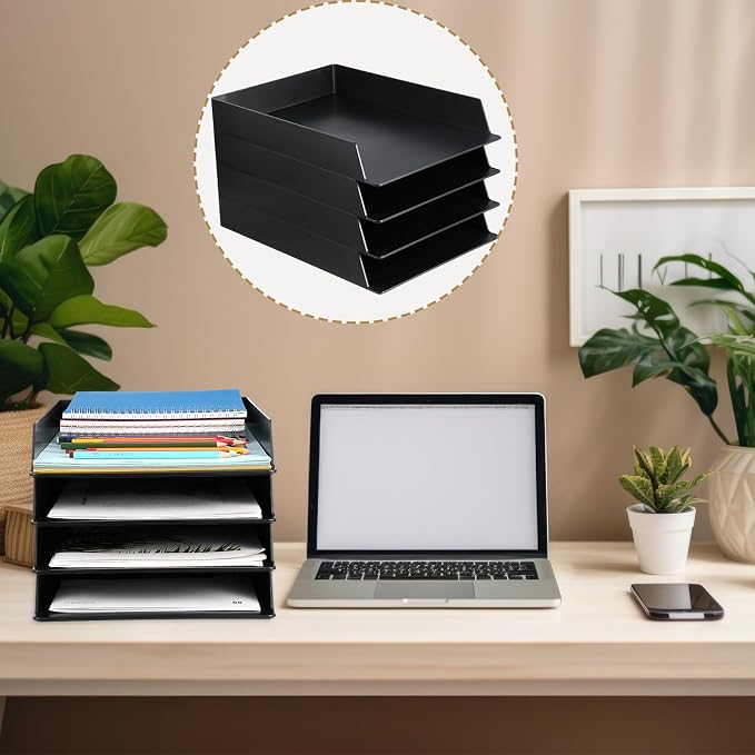 12 Pcs Stackable Paper Trays Rectangular Plastic Desk Holder Desktop Document File Organizer Storage Letter for Office Classroom (Black)