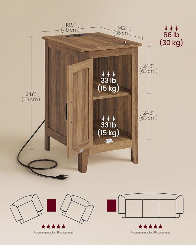 VASAGLE Side Table with Charging Station and Storage Cabinet, Nightstand | Farmhouse Narrow End Bedside Table for Living Room Bedroom Office, Warm Brown, LIRY Collection ULET131K101S