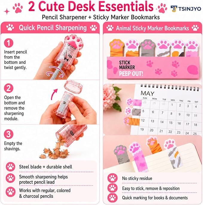 24Pcs Cute Stationery Set W Paper Clips Stapler Scissors Sticky Notes Eraser Ruler Sharpener Pencil Case Highlighter Correction Tape Desk Accessories for School Office Supplies