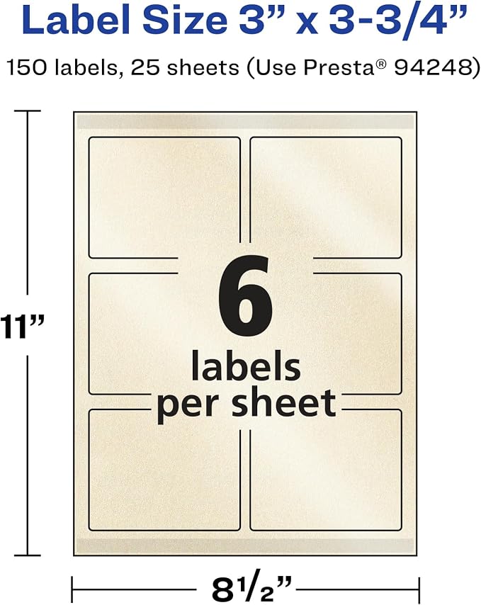 Avery® Pearlized Ivory Rectangle Labels, Sure Feed® Technology, Print-to-The-Edge, 3" x 3.75", 150 Pearlized Ivory Labels, Laser/Inkjet Printable