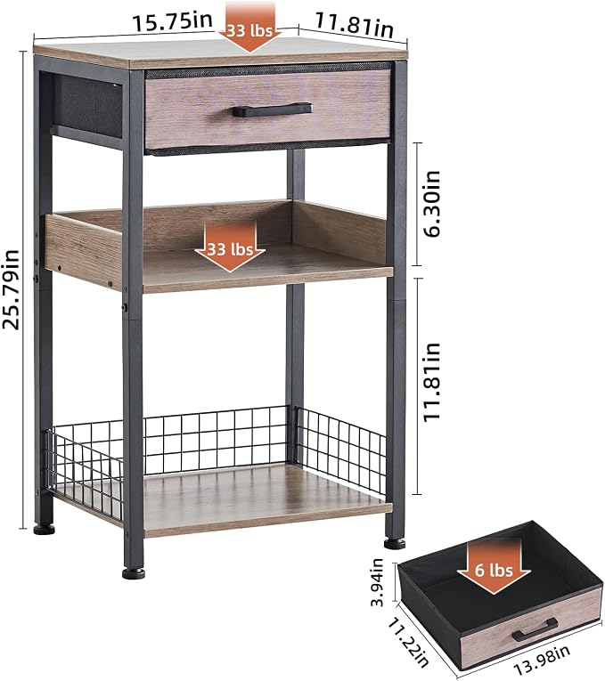 Lerliuo 3-Tier Printer Stand with Fabric Drawer and Shelves, Grey | Three-tier printer stand with fabric drawer and two shelves for paper, office supplies, scanners and fax machines