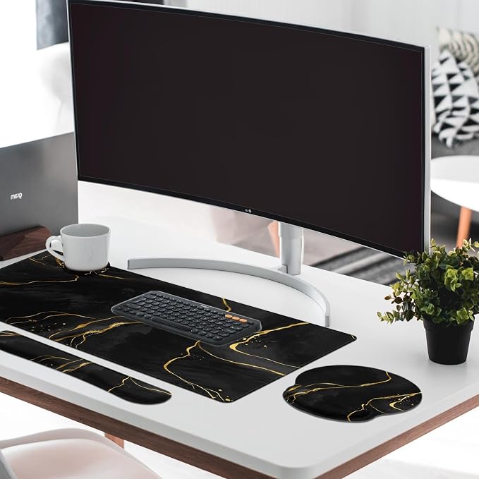 Keyboard Mouse Pad Set, 4 in 1 Desk Mat Set, Marble Black Gold | Large Mousepad+Keyboard Wrist Rest+Mouse Wrist Rest+Coaster Ergonomic Design for Home Office Computer
