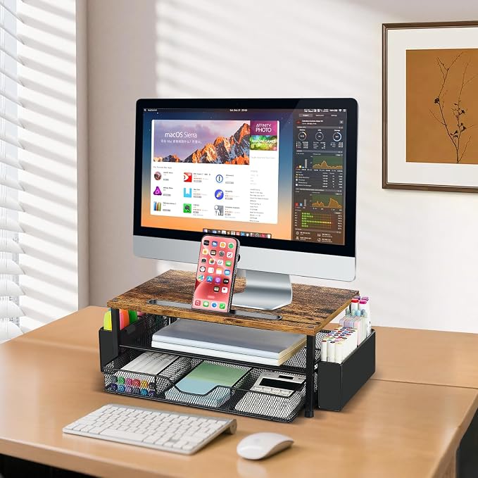 AUPSEN Wood Desk Organizers and Accessories, 2-Tier Computer Monitor Stand Riser with Drawer, Pen Storage & Phone Holder, Office Desk Accessories, Workspace Desktop Organization for Office Supplies（Brown）