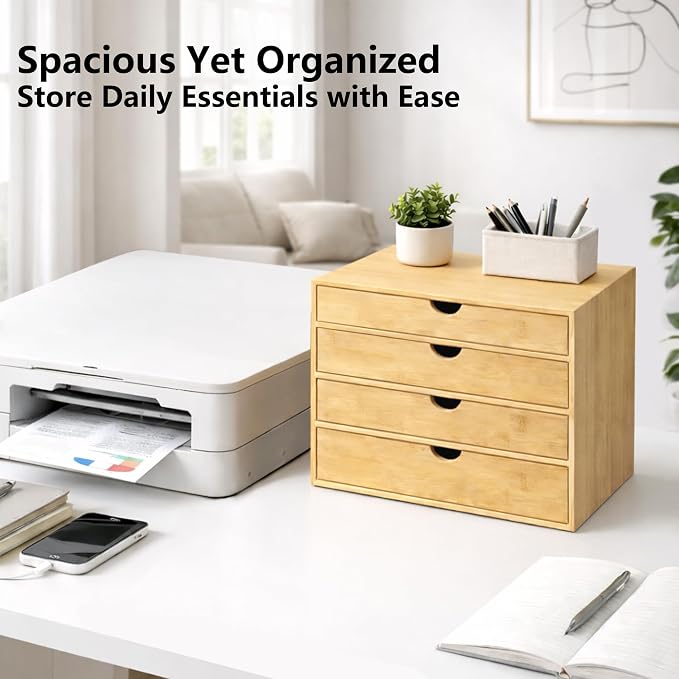 Neando Bamboo Desk Organizer with Drawers, 4-Tier Wooden Desk Organizer, Small Desktop Storage for Office Supplies, Makeup, Accessories, Space-Saving Organizer for Desk, Vanity & Home