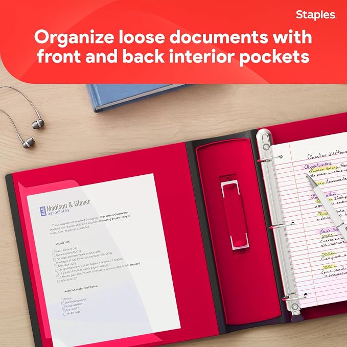 Staples Heavy-Duty 2-Inch D-Ring Binder, Red, Holds 540 Sheets | 3-ring binder with pockets for durable school and office document storage.