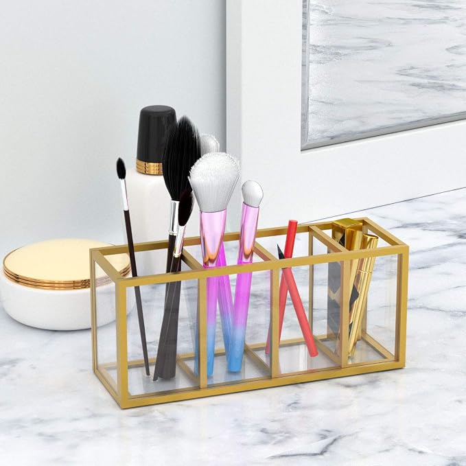 NIUBEE Gold Acrylic Pen Holder 4 Compartments, Desk Office Pencil Cup Desk | Scratch-resistant thick acrylic with 4 slots for pens, pencils, makeup brushes, office, vanity and school use