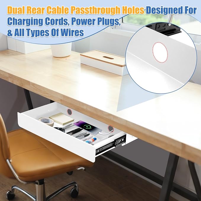 KHAMAL Under Desk Drawer Slide Out Large - Under Table Drawer 17.32" x 9.25", Pull-Out Storage Organizer With Cable Management For Home & Office (White)
