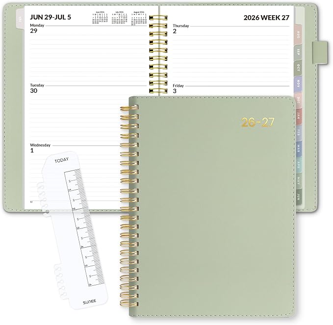 SUNEE 2026-2027 Weekly & Monthly Planner 6.4"x8.5" - 12 Month (July 2026 - June 2027), Vegan Leather Cover Planner Academic Year Calendar, Pocket, Notes, Monthly Tab, Green
