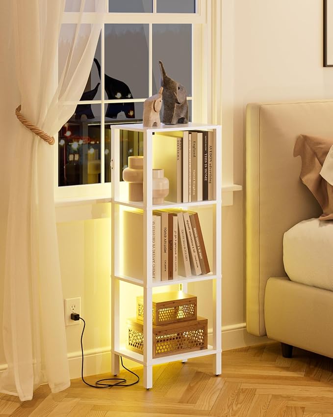 Open Book Shelf with LED Lights, 4 Tier Small Bookshelf, Narrow Freestanding Shelf Bookcase with Open Shelves, 14.96" x 10.63" x 41.26", Book Shelves for Living Room, Office, Study, White