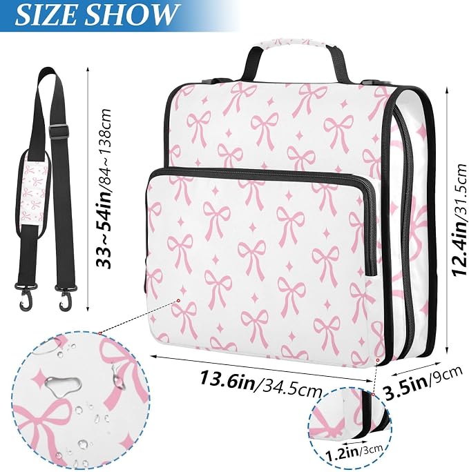 Bow Binder Bag 3 Ring Zipper with Handle Shoulder Strap | for School Work Office Organizer Storage Case