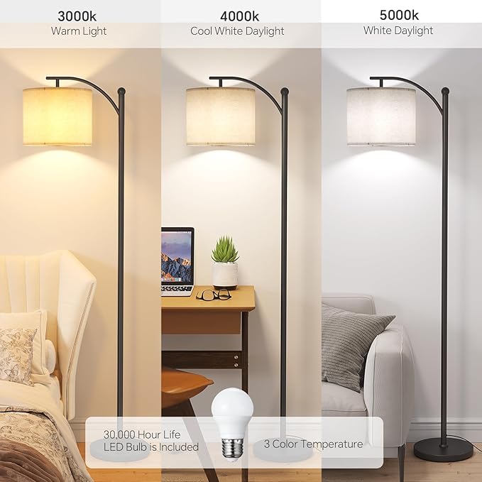 SUNMORY Arc Floor Lamp, Modern Floor Lamp with 3 Color Temperatures Bulb | Metal Standing Lamps with Adjustable Hanging Lampshade,Tall Floor Lamps for Living Room, Bedroom, Office, Black
