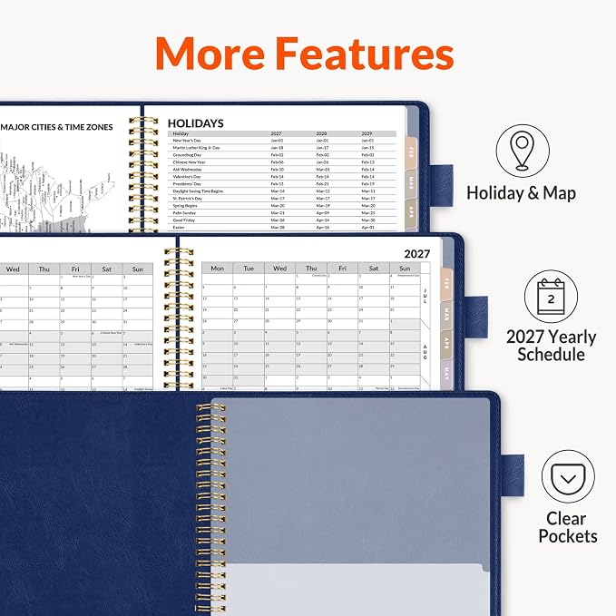 SUNEE 2027 Weekly & Monthly Planner 9"x11.2"- 12 Month (January 2027 - December 2027), Vegan Leather Cover, Pocket, Bookmark, Notes, Monthly Tab, Deep Blue