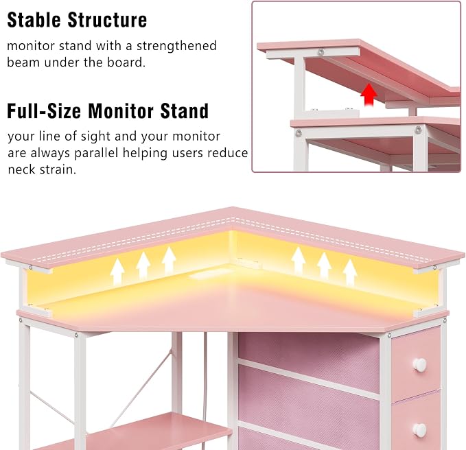 VENNQD Corner Desk with Drawers Shelves for Small Space 90 Degrees Triangle Computer Desk with Power Outlets,Gaming Desk with LED Lights Monitor Stand for Home Office Workstation Writing Table (Pink)