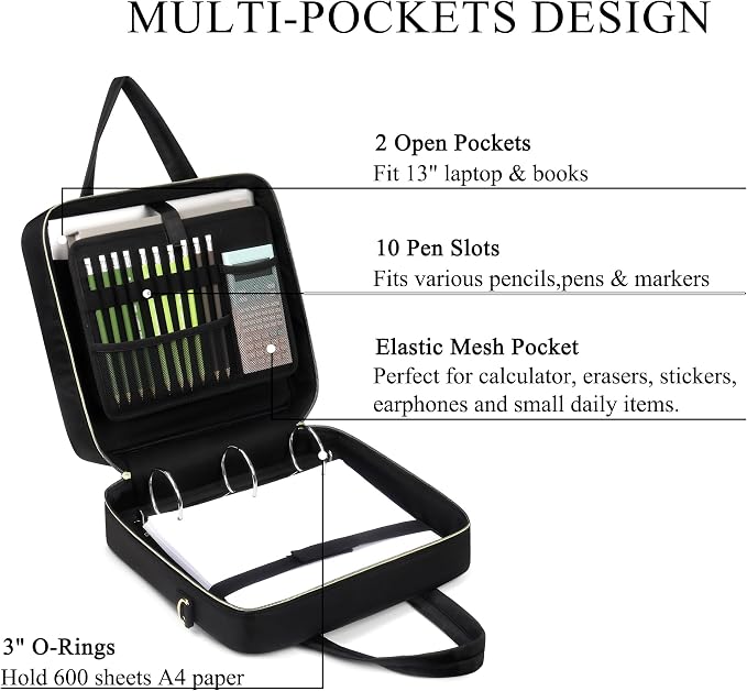 Zipper Binder | 3 Inch O-Ring, 600 Sheet Capacity Trapper Keeper with Shoulder Strap & Handle, Binder Bag with Multiple Storage Pockets, Fits 13" Laptop (Black)