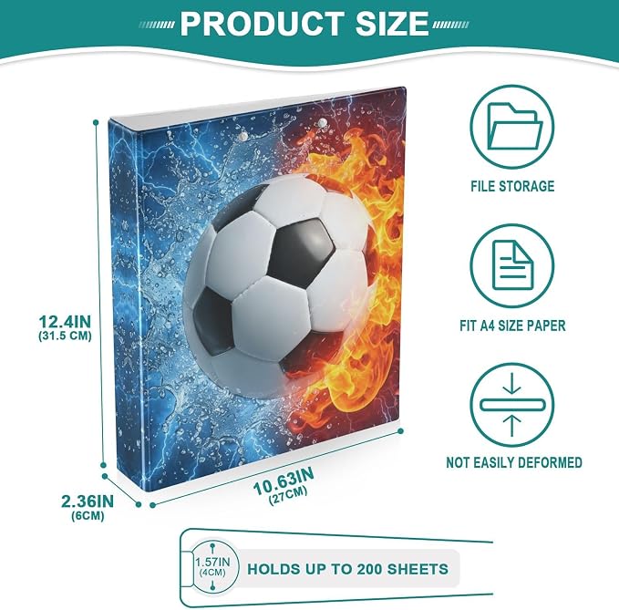 3 Ring Binder Soccer Ball Football 1.5" Round Ring Binders View Binder with 200 Sheet for Kids School Supplies Women Men Office, 1 Pack
