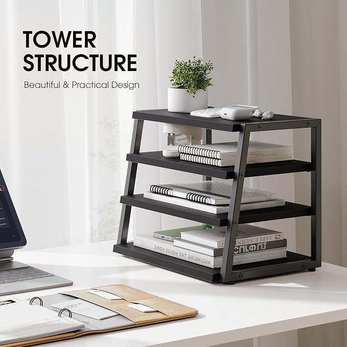 Fenge Desk Shelf Organizer, 4-Tier Tower Desktop Office Shelves, Black | Wood and Metal Open Shelf, Corner File Organizer for Office Supplies, Top of Desk Organizers and Accessories