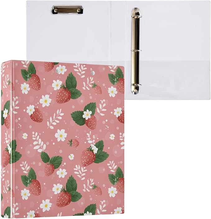 Strawberry Fruit Hard Cover Ring Binder 1.5 Inch 3 Ring, Printed Ring Binder with Metal Non-Slip Clip Clear Pocket Water Resistant Round Ring Binders for Recipe Budget Office