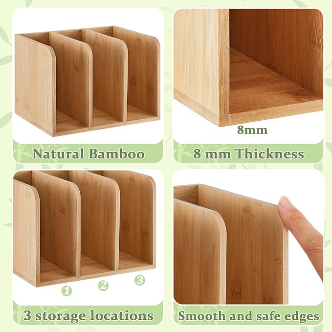 Novabright Bamboo Wooden 3-compartment File Magazine Holder | Vertical Compartments Keep Magazines, Binders, Notebooks, Folders, and Envelopes Separated, Organized, and Easy to Access