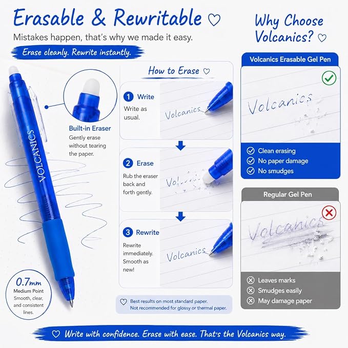 Volcanics Blue Erasable Gel Pens, 0.7mm Retractable, 24 Pack