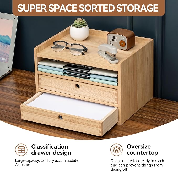 KIRIGEN Wooden Desk Organizer with 2 Drawers and Top Tray, Natural 3D2C-NA | Three-Tier Desktop Storage Cabinet Stores Papers, Office Supplies, Cosmetics, Crafts, and Small Accessories for Home Office