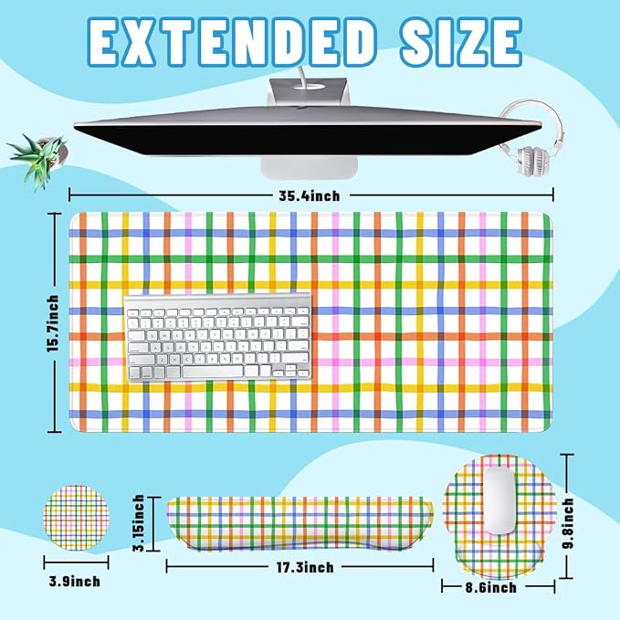 Plaid Mouse Pad Set Colorful Rainbow Checkered Seamless Gaming Mousepad 4in1 Desk Mat for Desktop Anti-Slip XXL Big Computer Ergonomic Mousepad with Wrist Support for Keyboard and Mouse