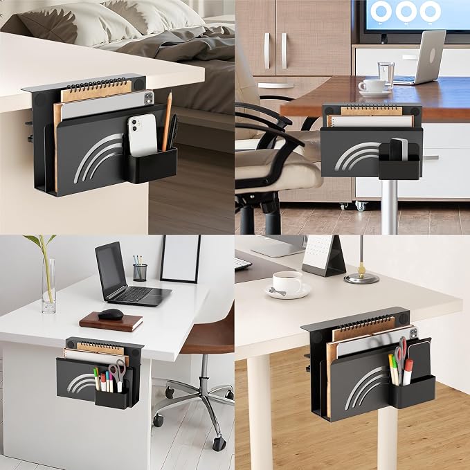 Onemake 2-Tier Rainbow Desk Side Storage, No Drill Laptop Holder, Clamp on Desks Shelf with Magnetic Pen Holder, Hanging Desk Organizer for Home Office, Fits Flat Edge Tables 0.4" to 2.3"