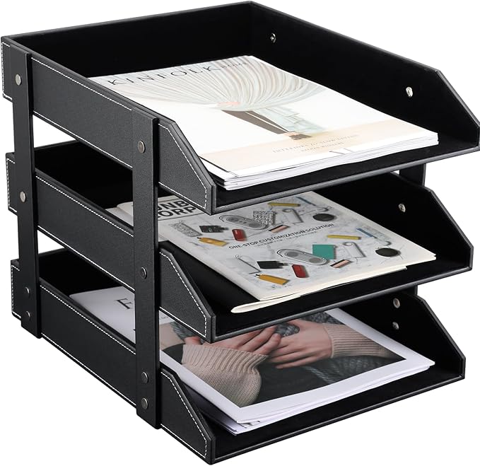 Letter Tray, Leather Paper Organizer Tray, Wooden Desk File Holder, Desktop File, Stackable Magazine Holder, Mail Sorter, Great for Home or Office - 3 Level Black