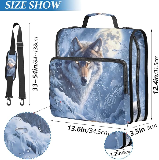 ALAZA Zipper Binder 3 Ring Wolf Moon Snow Binder Organizer with Zipper and Shoulder Strap Large Capacity Multi-Pocket Trapper Keeper File Folder for Office Supplies