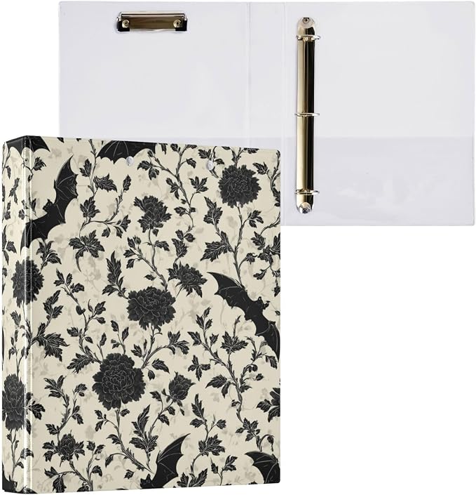 Goth Bat Round Ring Binders Floral (1) 1.5 Inch 3 Ring Binder with Clipboard Holds 200 Sheets Office Home School