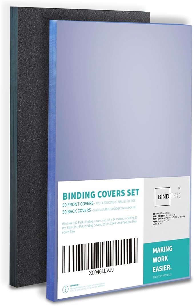 Binditek 100 Pack Binding Covers Set, 8.5x14 Inches, 8Mil PVC & 12Mil Poly | Binding Covers Set, 8.5 x 14 Inches Legal Size, 8 Mil Clear PVC Front, 12 Mil Black Poly Back, Square Corners, Unpunched