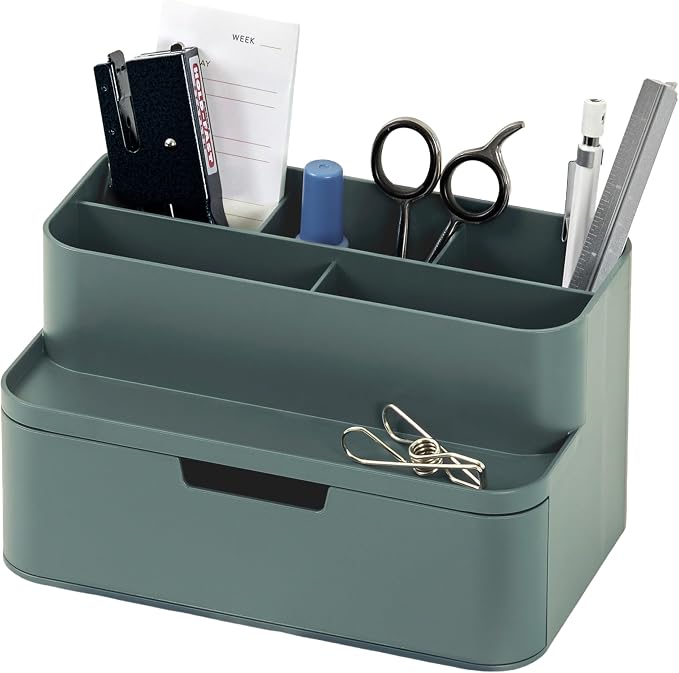 BLUE GINKGO Compact Desk Organizer, Green, Made in Korea | 5 Compartments. Half Drawer. Space-Saving.