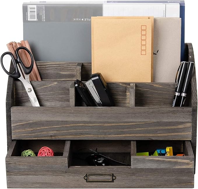 Rustic Wood Desk Organizer and Storage with Drawer and Pen Holder Bill Mail Organizer and Mail Holder for Countertop Kitchen Desk Decorative & Workspace Organizers(Rock Grey)