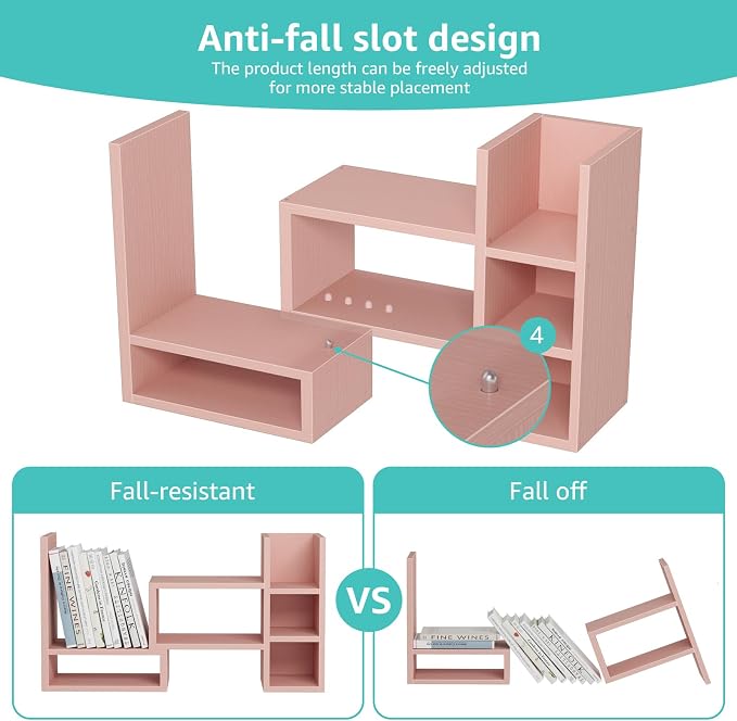 NUTIKAS Desk Shelves Desktop Organizer Shlef - Pink Office Organization for Top of Desk Organizers and Accessories Corner Bookshelf Table Top Shelving Small Hutch Decorations for Office
