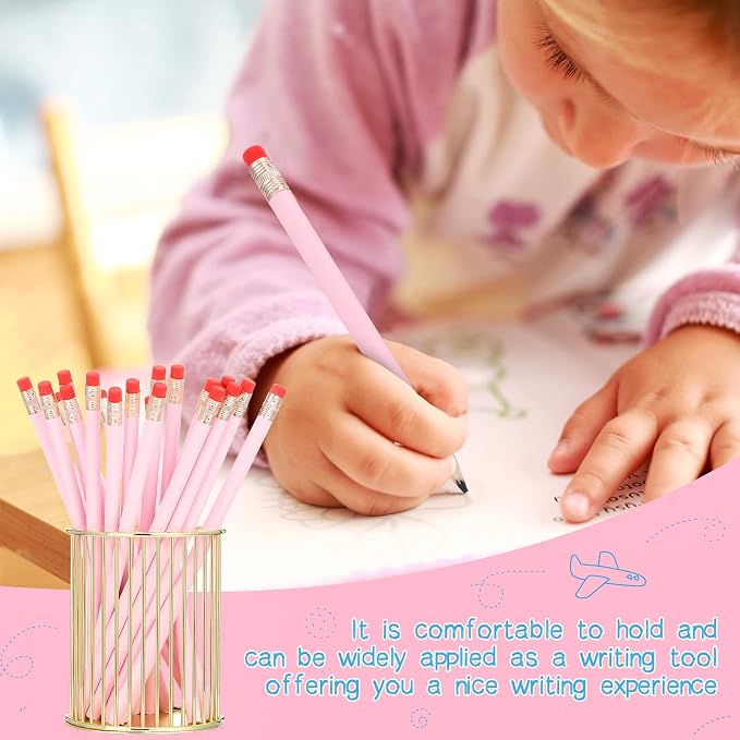 Outus 24 Pieces Round Pencils Cute HB Graphite Wood Pencils Bulk with Eraser for School Writing Drawing Sketching Wedding Office Supplies(Light Pink)