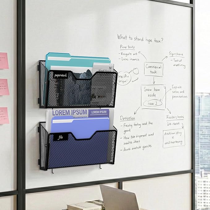 3 Pack Magnetic File Holder with Hooks and Labels, Black | Metal mesh magnetic folders attaches without drilling, keeping A4 and letter files accessible on cabinets or whiteboards