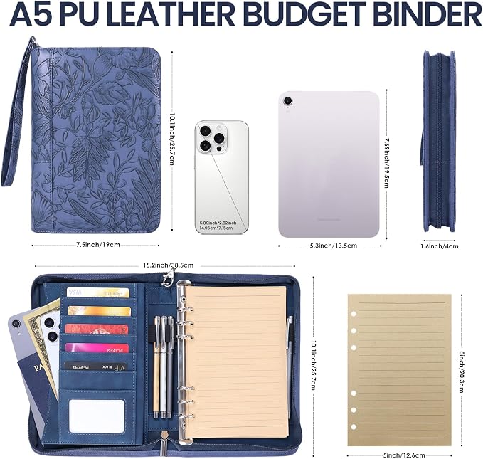 A5 Binder 6 Ring with Zipper, Portable Planner for Travel & Study | Faux leather A5 planner with detachable 6 rings, lined pages, pouches, card slots and pen holder for daily use.