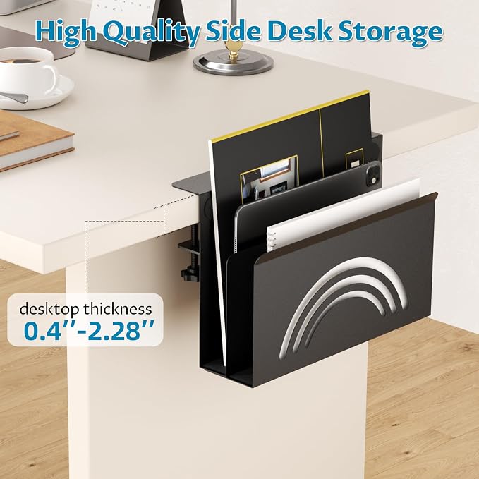 Onemake 2-Tier Rainbow Desk Side Storage, No Drill Laptop Holder, Clamp on Desks Shelf with Magnetic Pen Holder, Hanging Desk Organizer for Home Office, Fits Flat Edge Tables 0.4" to 2.3"